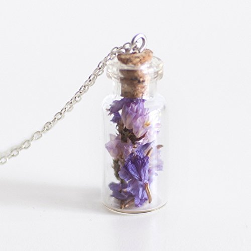 Mini Dried Limonium Flower Glass Bottle Necklace - Lavender - Mori Girl - Violet - Purple - Forget me not - Natural - Statice - Woodland
