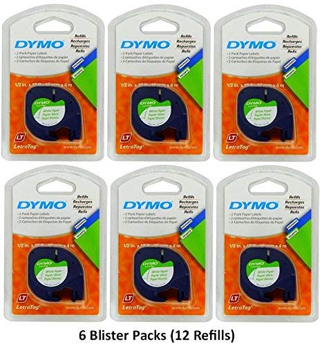 Dymo 10697 Self-Adhesive White Paper Labeling Tape for LetraTag (LT) Label Makers; 6 Blister Packs (12 Refills); Each Blister Pack contains Two 1/2" Wide x 13ft Long (12mm x 4m) Refill Rolls