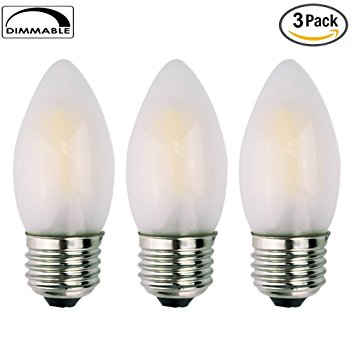 OPALRAY C35 4W(40W Incandescent Equivalent) LED Candelabra Bulb, LED Filament Lamp, E26 Base, Warm White 2700K, Dimmable, Frosted Glass, Torpedo Tip, 3-Pack