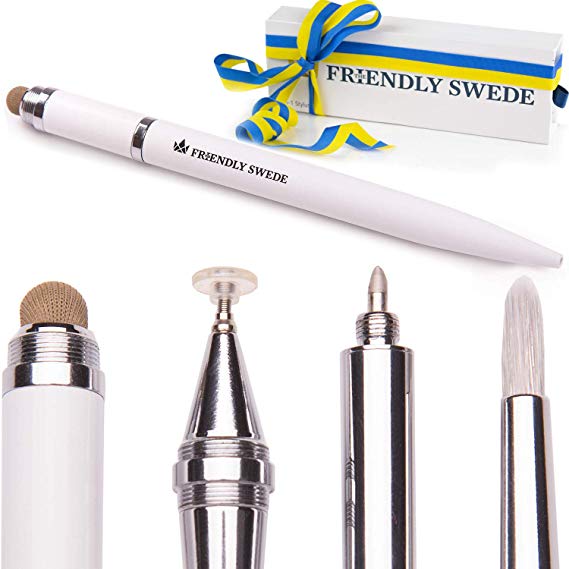 Capacitive 4-in-1 Stylus Pen with Replaceable Brush, Fiber Tip, Precision Disc   Ballpoint Pen in Gift Box, by The Friendly Swede (White)