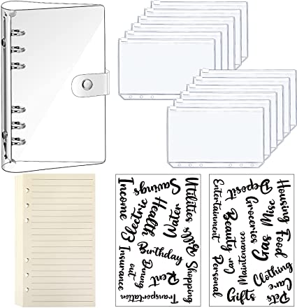 A6 Budget Planner Binder Organizer, Soft PVC Notebook Binder Cover, 12 Pieces Binder Pockets, 1 Pack Loose Leaf Paper and 26 Words Categories Budget Label Stickers for Saving (Clear Style)