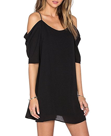 ZANZEA Women's Chiffon Cut Out Cold Shoulder Trumpet Sleeve Spaghetti Strap Dress