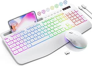 Wireless Keyboard and Mouse Combo, 9 Backlit Effects, Wrist Rest, Phone Holder, 2.4G Lag-Free Ergonomic Keyboards, Rechargeable Silent Cordless Set for Computer, Laptop, Mac, Windows -SABLUTE（White）