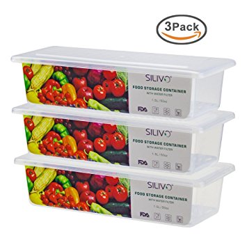 Food Storage Containers, SILIVO 3X 1.5L Household Clear Kitchen Food Storage Boxes, BPA Free Fridge Fish Meat Crisper Storage case Organizer Bins with lid and removable drain plate