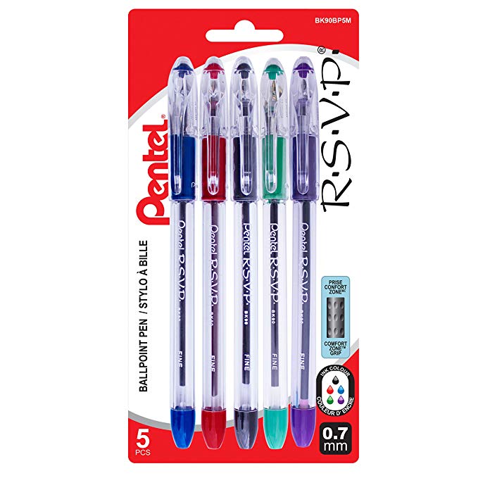 Pentel RSVP Ballpoint Pen, 0.7mm Fine Point, Assorted (Black, Blue, Red, Green, Violet) Ink, 5 Pack - BK90BP5M