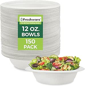 Freshware Paper Bowls - Disposable 12 oz. Soup Bowl, 150-Pack Biodegradable Sugarcane Fiber Serving Bowls - Heavy Duty Bagasse for Hot Food Plates - Microwave & Freezer Safe, Stackable Dinnerware