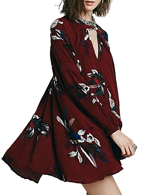 R.Vivimos Women Flowers Print Long Sleeve Loose Short Dresses