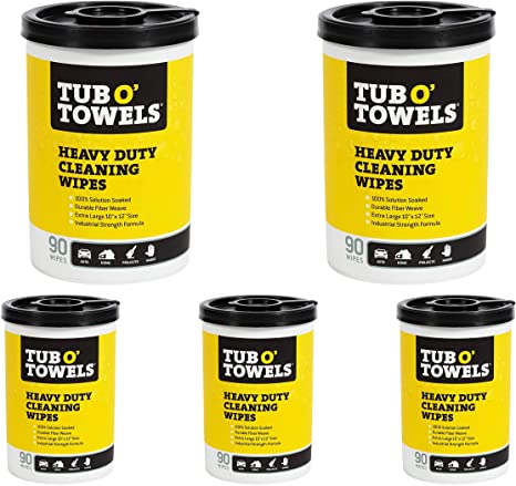 Tub O Towels TW90 Heavy-Duty 10" x 12" Size Multi-Surface Cleaning Wipes, 90 Count Per Canister 5 Pack