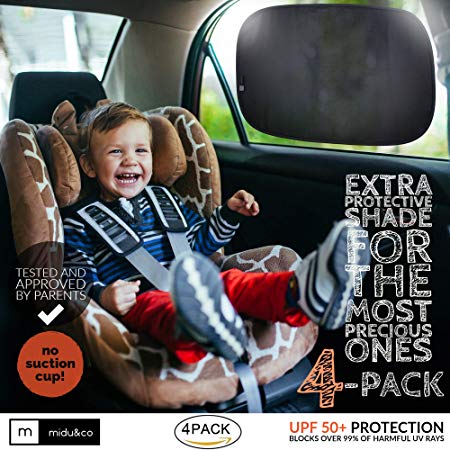 Car Window Shade XL (4-Pack) - Extra Protective UPF 50+ Protection Sun Shade for Car Window - Car Window Shades for Baby and Kids - Blocks over 99% of Harmful UV Rays - Strong Static Cling - 21”x14”