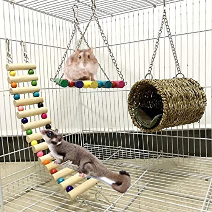 Ewolee Bird Cage Toys Set - 3 Pack Hamster Toys Parrot Cage Toys, Rat Sugar Glider Hammock Birds Nest Swing Pet Cage Ladder for Hamster, Gerbil, Degu, Squirrel, Ferret, Guinea Pig, Parrot