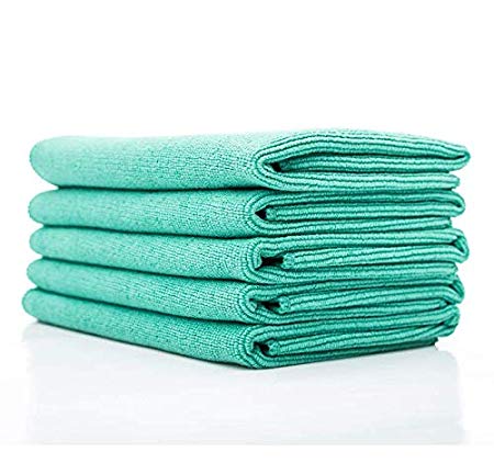 THE RAG COMPANY (5-Pack) 16 in. x 16 in. The Pearl Professional Microfiber Ceramic Coating/Sealant/Interior Detailing Towels 320gsm Pearl-Weave (16x16, Green)