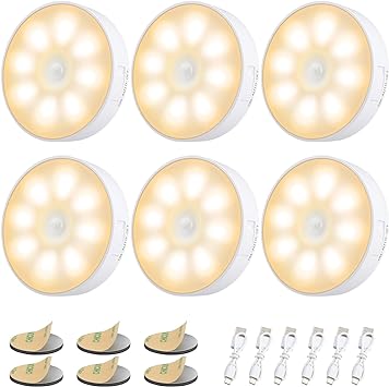 Electight Motion Sensor Lights Indoor, 6 Pack Night Light Stick on Wall USB Rechargeable Battery, Cordless Stair Lights with Magnetic Base, 3000K Puck Light for Cupboard, Wardrobe-Warm Yellow