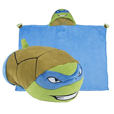 Leonardo Teenage Mutant Ninja Turtles Hooded Blanket - Comfy Critters - Kids Cartoon Character Blankie that Folds into a Pillow - Great for Boys and Girls Playtime and Bedtime