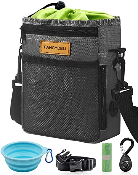 FANCYDELI Dog Treat Training Pouch, Easily Access to Pet Toys, Kibble, Treats, with Waist Belt, Shoulder Strap, Poop Bag, Clicker, Collapsible Bowl - Build-in Waste Bag Dispenser