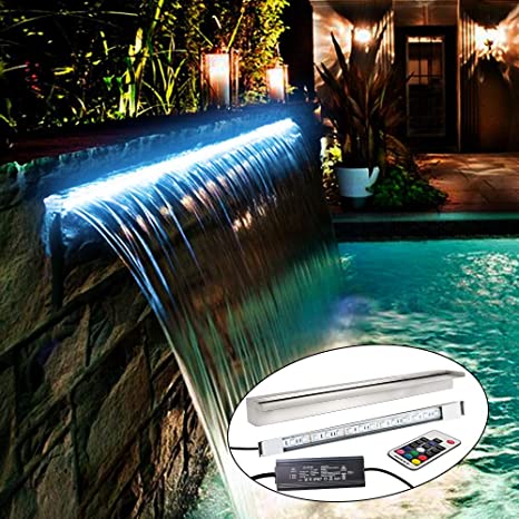 YUDA 24" LED Pool Fountain With 7 Color Changing, Stainless Steel Waterfall Spillway For Sheer Descent Garden Ourdoor