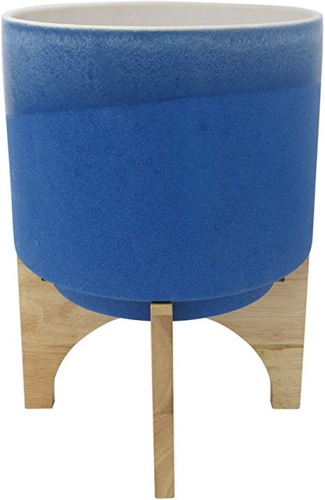 Rivet Mid-Century Stoneware Planter with Wood Stand, 13.98"H, Royal Blue