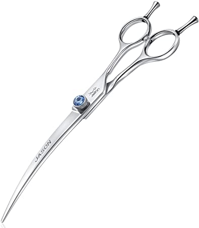 JASON 7" Curved Dog Grooming Scissors, Ergonomic Pets Cats Trimming Shears with Offset Handle and a Jewelled Screw for Right Handed Groomers, Sharp, Comfortable, Light-weight