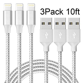 iPhone Cable,XUZOU Lightning Cable 3Pcks 10FT to USB Syncing and Charging Cable Data Nylon Braided Cord Charger for iPhone 7/7 Plus/6/6 Plus/6s/6s Plus/5/5s/5c/SE and more [3Pcks Silver&Gray]