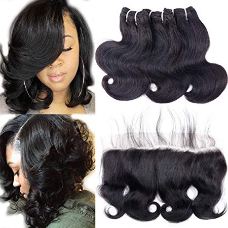 10A Human Hair Bundles with Lace Frontal Body Wave Bundles with Frontal (50g/pc 10" 10" 10" 10", Natural Black) Short Peruvian Body Wave Hair Ear to Ear 13x4 Frontal Closure with 3 Bundles