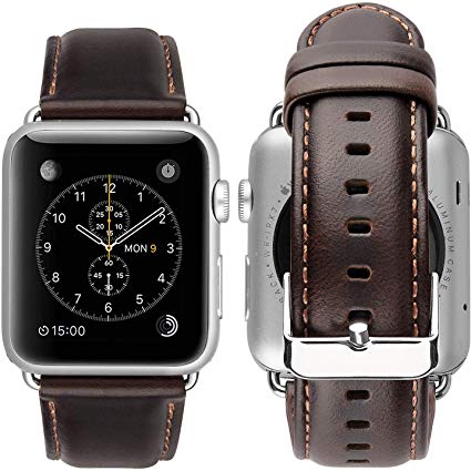 MroTech Watch Bands Compatible with Apple Watch Series 4 Strap 44mm Leather 42mm Series 3 Series 2 Series 1 Wrist Watchband Wristbands Mens Replacement BraceletBelt Watchband with Silver Buckle - Fashion Coffee 42/44