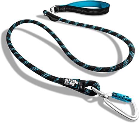 Black Rhino – Heavy Duty Dog Rope Leash with Ultra-Soft Neoprene Padded Handle | Aircraft Aluminum Carabiner | Reflective Weatherproof Dog Leash for Small Medium Large Dogs (5 Feet, Sport Blue/Bl)