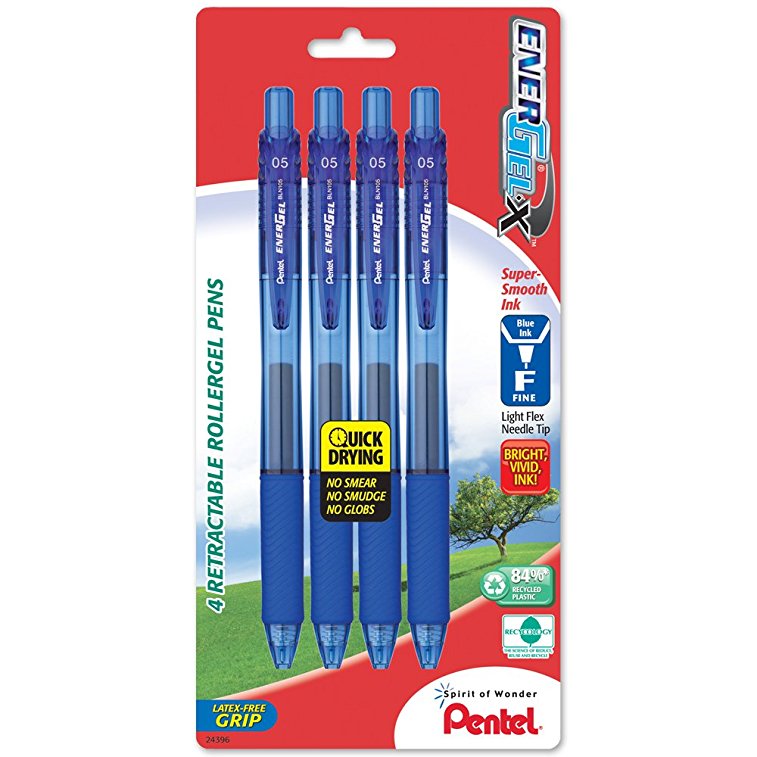 Pentel EnerGel-X Retractable Liquid Gel Pen, 0.5mm, Fine Line, Needle Tip, Blue Ink, 4 Pack (BLN105BP4C)