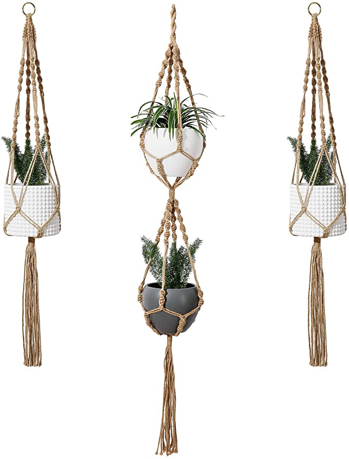 POTEY 606301 Macrame Plant Hangers Indoor Hanging Planter Jute Hanging Plant Holder with Wood Beads Hanging Planters for Indoor Plants for Modern Home Decor 3 Pack, 41.3''/41.3''/55''