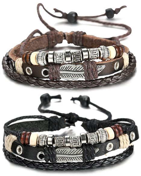FIBO STEEL Leather Charm Bracelet for Men Braided Wrist Cuff, Adjustable 7.6-11 inches
