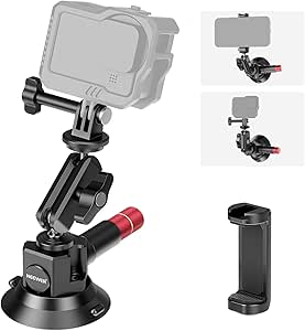 Neewer 4.5" Suction Cup Camera Mount with Ball Head Magic Arm, 1/4" 3/8" ARRI Holes, Quick Release Car Mount with Phone Holder & Action Cam Adapter Compatible with iPhone DJI Insta360, CA105