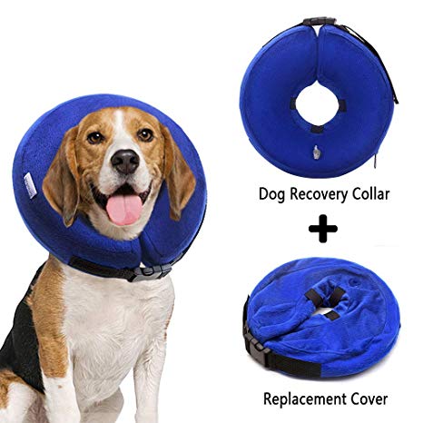 Wellbro Dog Cone Collar, Soft and Inflatable Dog Comfy Cones After Surgery, Adjustable Pet Recovery Collar with Extra Velvet Cover, Protective E-Collars with Buckle for Dogs and Cats