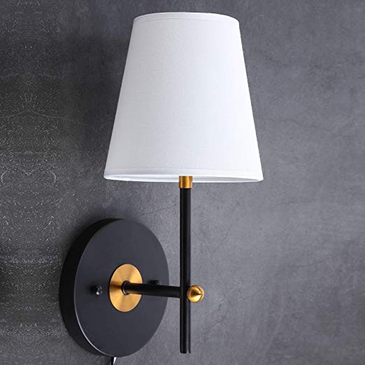 CO-Z 1-Light Wall Sconce Lighting with White Fabric Shade, Wall Mount Vanity Lamp in Black Finish, Wall Sconce Light Fixture for Bathroom Bedroom Stair Cafe. (Black)