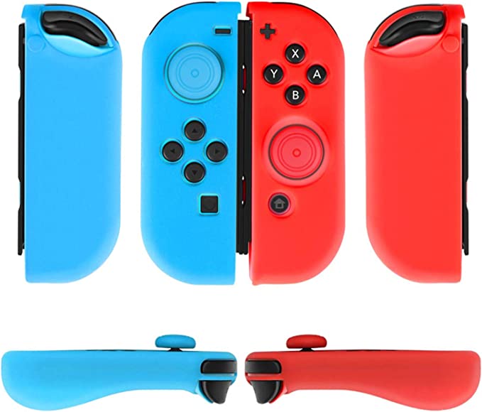 TNP Gel Guards with Thumb Grips Caps Works for Nintendo Switch Joy-Con Grip - Protective Case Covers Anti-Slip Ergonomic Lightweight Design Comfort Grip Controller (1 Pair Neon Blue   Red)