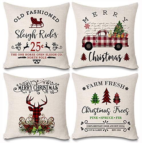 Faromily Christmas Throw Pillow Cover 18 x 18 Inch Farmhouse Decorations Winter Holiday Rustic Linen Cushion Case for Sofa Couch Set of 4