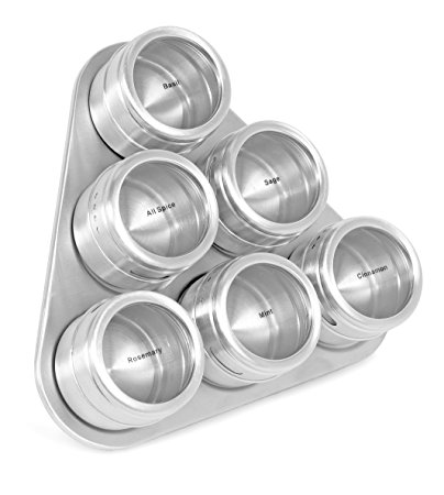 Internet's Best Triangle Magnetic Spice Rack | 6 Jars | Round Storage Spice Rack Set | Clear Sift and Pour Lid | Stainless Steel