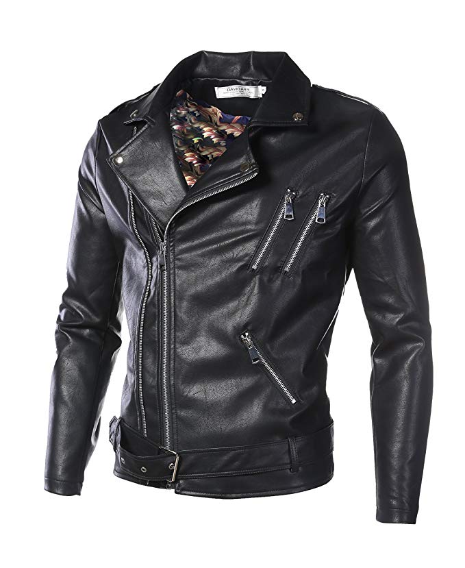 DAVID.ANN Men's Classic Faux-Leather Biker Zipper Jacket Coat