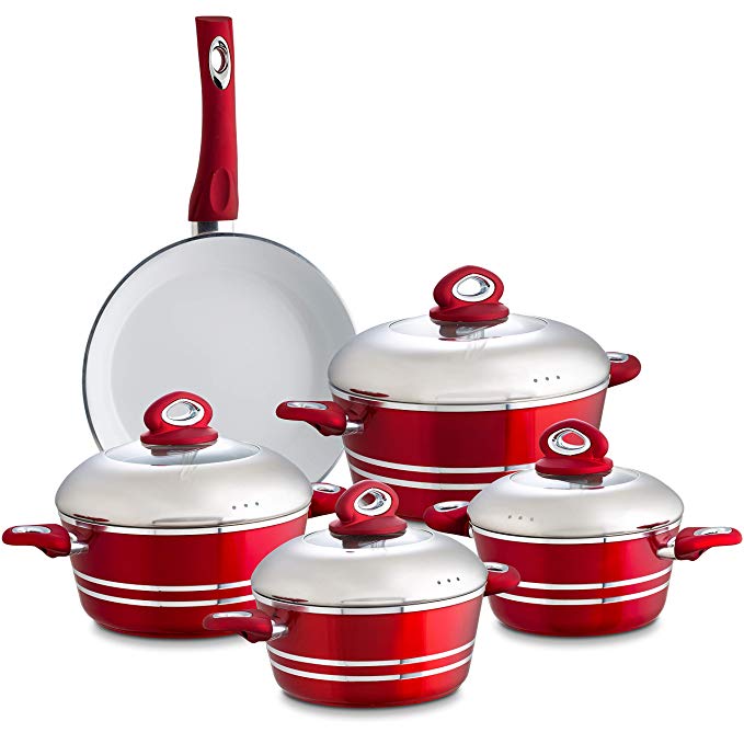 Chef's Star 9 Piece Professional Grade Aluminum Non-Stick Pots & Pans Set - Induction Ready Cookware Set … (Red)