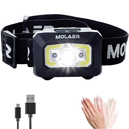 Rechargeable Headlamp, MOLAER LED Head Lamp Flashlight 550 Lumens with Red Safety Light and Motion Sensor Switch, 5 Lighting Modes IPX5 Waterproof Headlight Great for Running, Camping, Hiking, Fishing