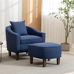 JINS&VICO Accent Chair with Ottoman and Pillow, Load 300LBS Mid Century Modern Barrel Upholstered Sofa Armchair with Wooden Legs and Comfy Round Arms for Reading Living Room Bedroom, Navy
