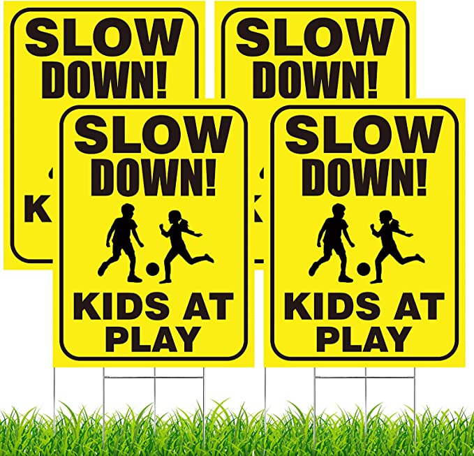 Outus 4 Pieces Slow Down Kids at Play Sign with Metal Stake, 12 x 16 Inch Kids at Play Safety Signs, Double Sided Child Safety Caution Signs, Children Sign for Street, Lawn Neighborhoods, Yellow