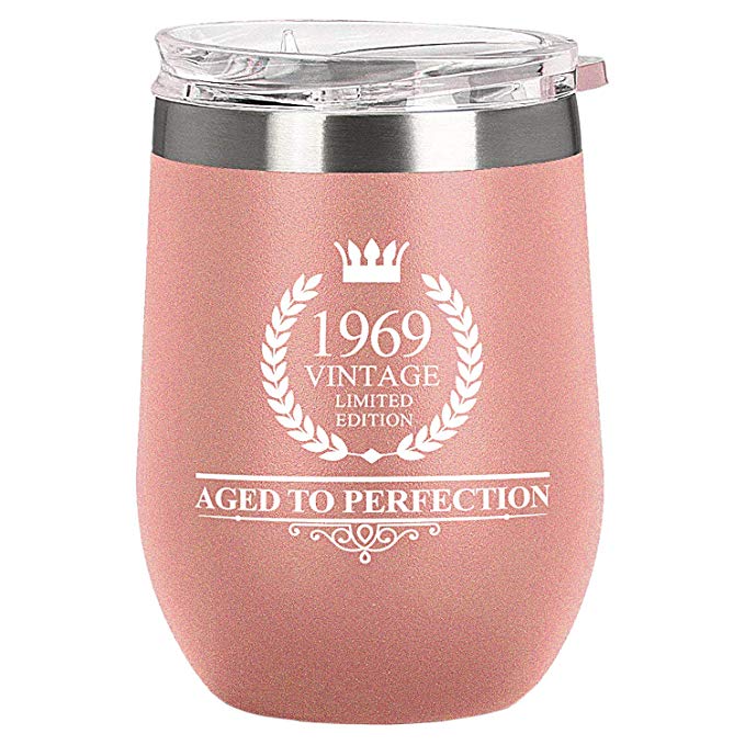 1969 50th Birthday Gifts for Women or Men Vintage Aged to Perfection 12 oz Wine Tumbler Stainless Steel Double Wall Insulated Unique Gift for Her or Him Husband Wife Mom Dad with Lid (Rose Gold)