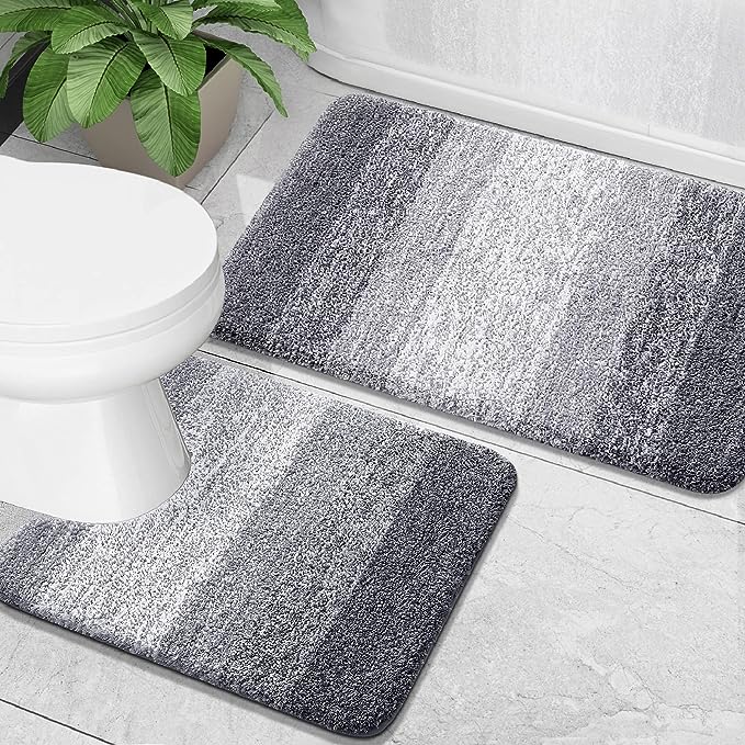 OLANLY Luxury Bathroom Rug Set 2 Piece, Soft Absorbent Microfiber Bath Rugs and U-Shaped Contour Toilet Rug, Non-Slip Bath Carpet, Machine Wash Dry, Bath Mats for Bathroom (24"x16" 24"x20", Grey)