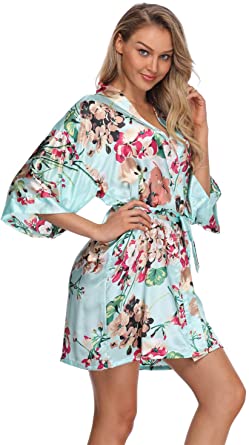 Women's Floral Satin Kimono Robes Short Bridesmaid Robes for Wedding Party