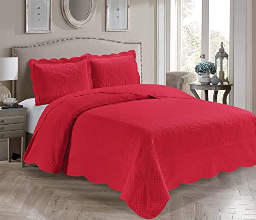Better Home Style 3 Piece Luxury Ultrasonic Embossed Solid Quilt Coverlet Bedspread Oversized Bed Cover Set # Veronica (King/Cal-King, Red)