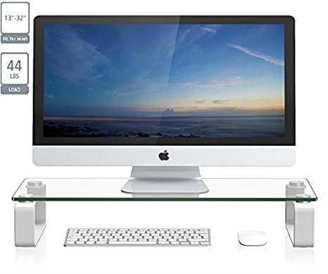 New Glass TV Stand Computer Monitor Riser (05433AA) for 13'' to 32'' LCD LED TV Save Space Destop Stand, Thick Tempered Clear Plate Glass,Max Load 44lbs,White.Power by ProHT (White)