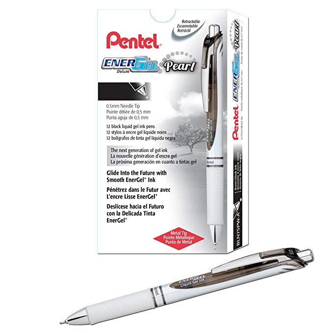 Pentel EnerGel Pearl Deluxe RTX Liquid Gel Pen, 0.5mm, Fine Line, Needle Tip, Black Ink, Box of 12 (BLN75PW-A)