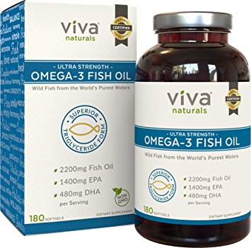 Viva Labs Omega 3 Fish Oil Supplement - The HIGHEST Concentration Omega 3 Capsules, 2,200mg Fish Oil/serving, 180 Softgels