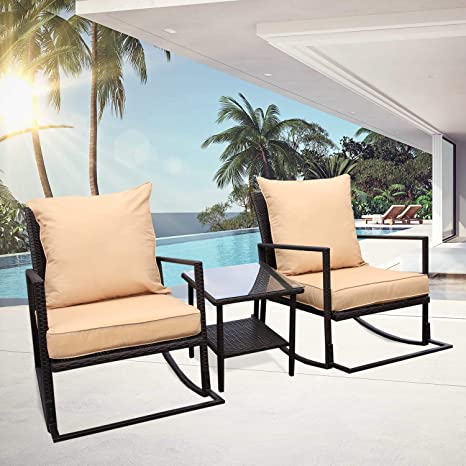 Rattaner Outdoor 3 Piece Wicker Rocking Chair Set Patio Bistro Set Conversation Furniture -2 Rocker Chair and Glass Coffee Side Table- Yellow Cushion