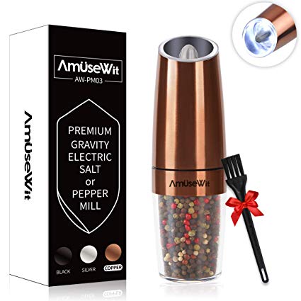 Gravity Electric Pepper Grinder or Salt Grinder Mill【2019 Newest】- Battery Operated Automatic Pepper Mill with White Light,Adjustable Coarseness,One Handed Operation,Cleaning Brush,Copper by AmuseWit