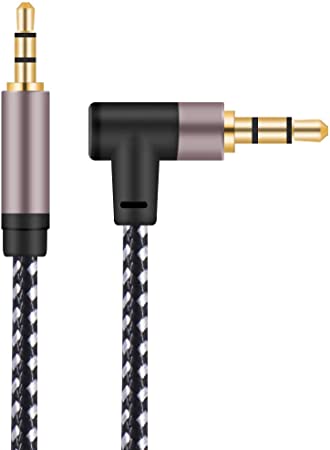 3.5mm Audio Cable 30FT, 90 Degree Right Angle Male to Male Auxiliary Stereo HiFi Cable Gold Plated Nylon Braid Audio Cord with Silver-Plating Copper Core Compatible with Car, iPhones, Tablets