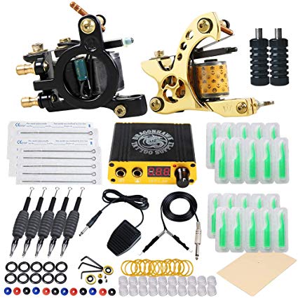 Dragonhawk Starter Complete Tattoo Kit Liner Shader Coils Tattoo Machines Power Supply Foot Pedal Needles SAN-2